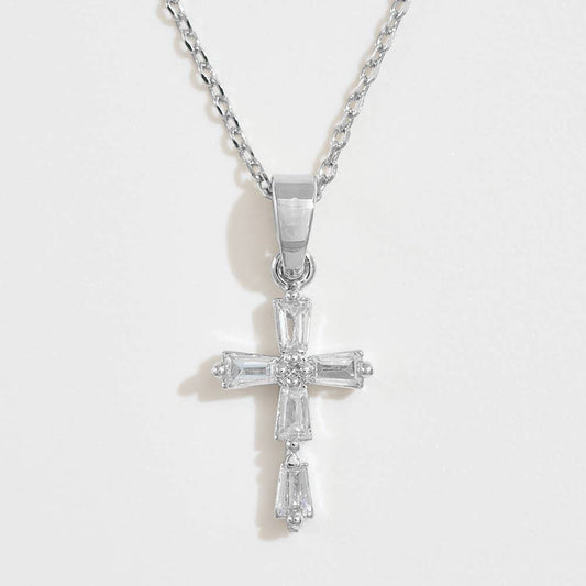 14K Gold Dipped Baguette Cut CZ Stone Cross Pendant Necklace: Silver