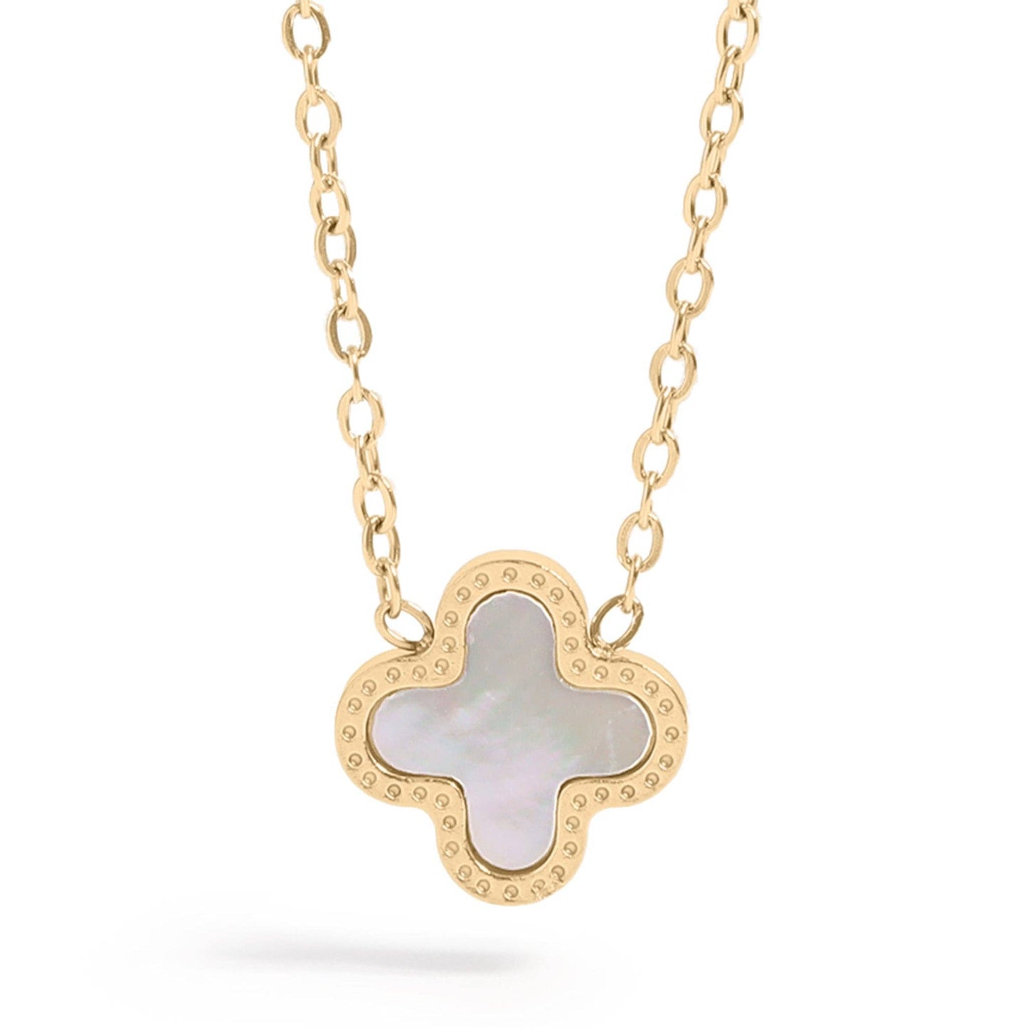 18K Gold PVD Stainless Steel Lucky Clover Charm Necklace: White / Gold