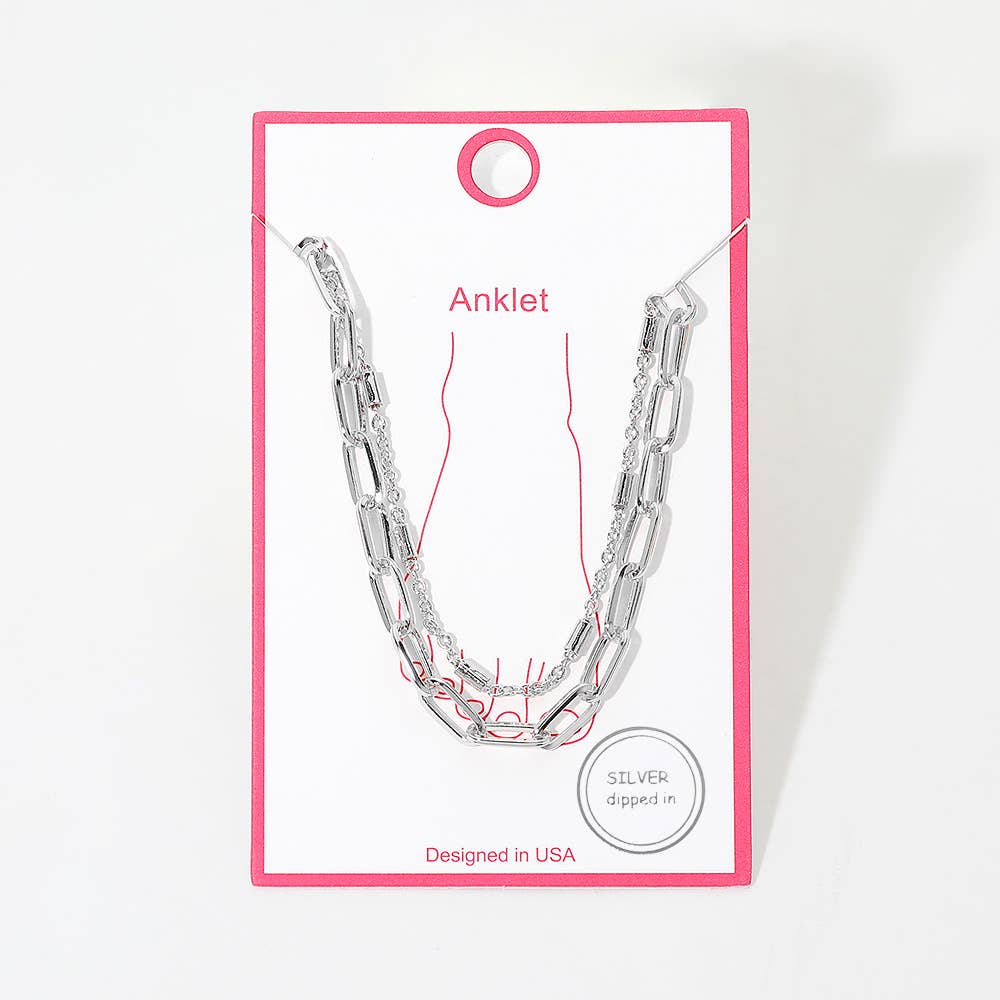 Gold Dipped Bar Paperclip Layered Chain Anklet: Gold