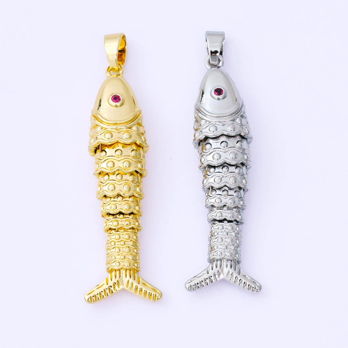 24K Gold Filled 43mm Fuchsia CZ Dotted Sardine Fish Multidimensional Charm in Gold & Silver | AA1620: GOLD