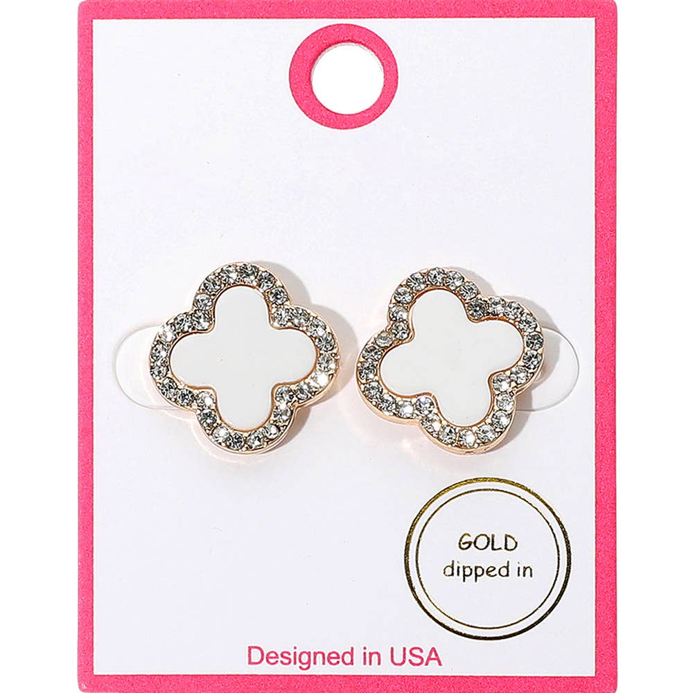 Gold Dipped Rhinestone Rim Quatrefoil Stud Earrings: Pink Rhodium