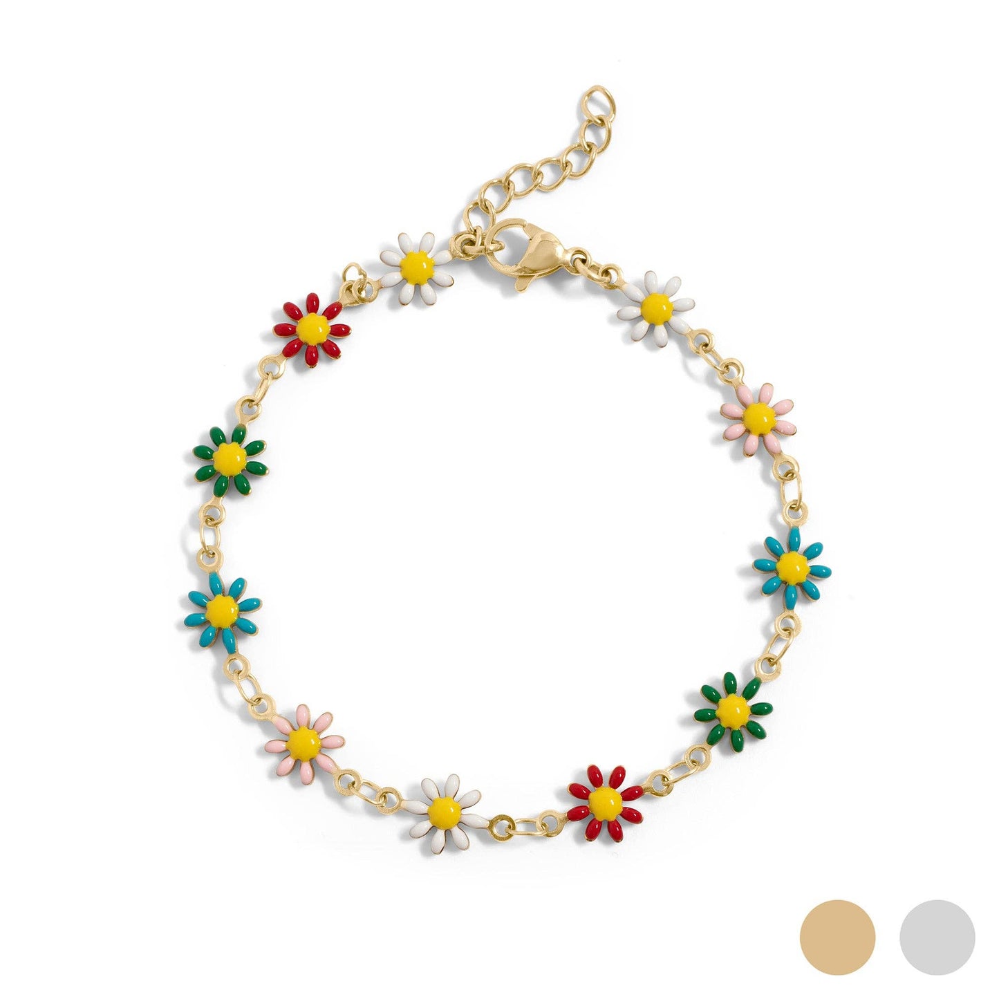 18K Gold PVD Multi Colored Floral Chain Bracelet: Stainless