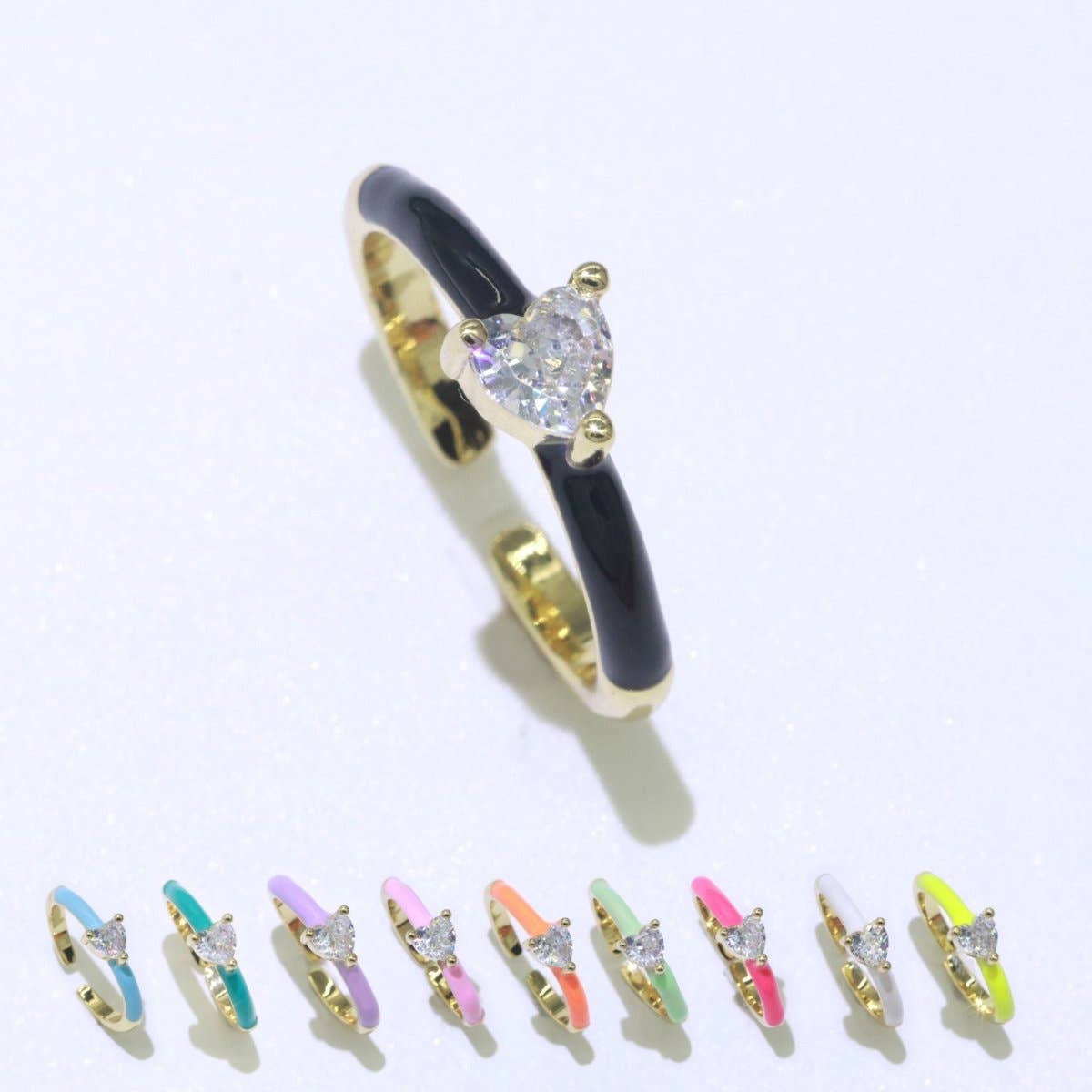 Heart Cz Ring Adjustable Gold Ring, Colorful Pastel Enamel Ring, Stackable Ring Black White Pink blue Green Ring for Women O-910~O-919: White