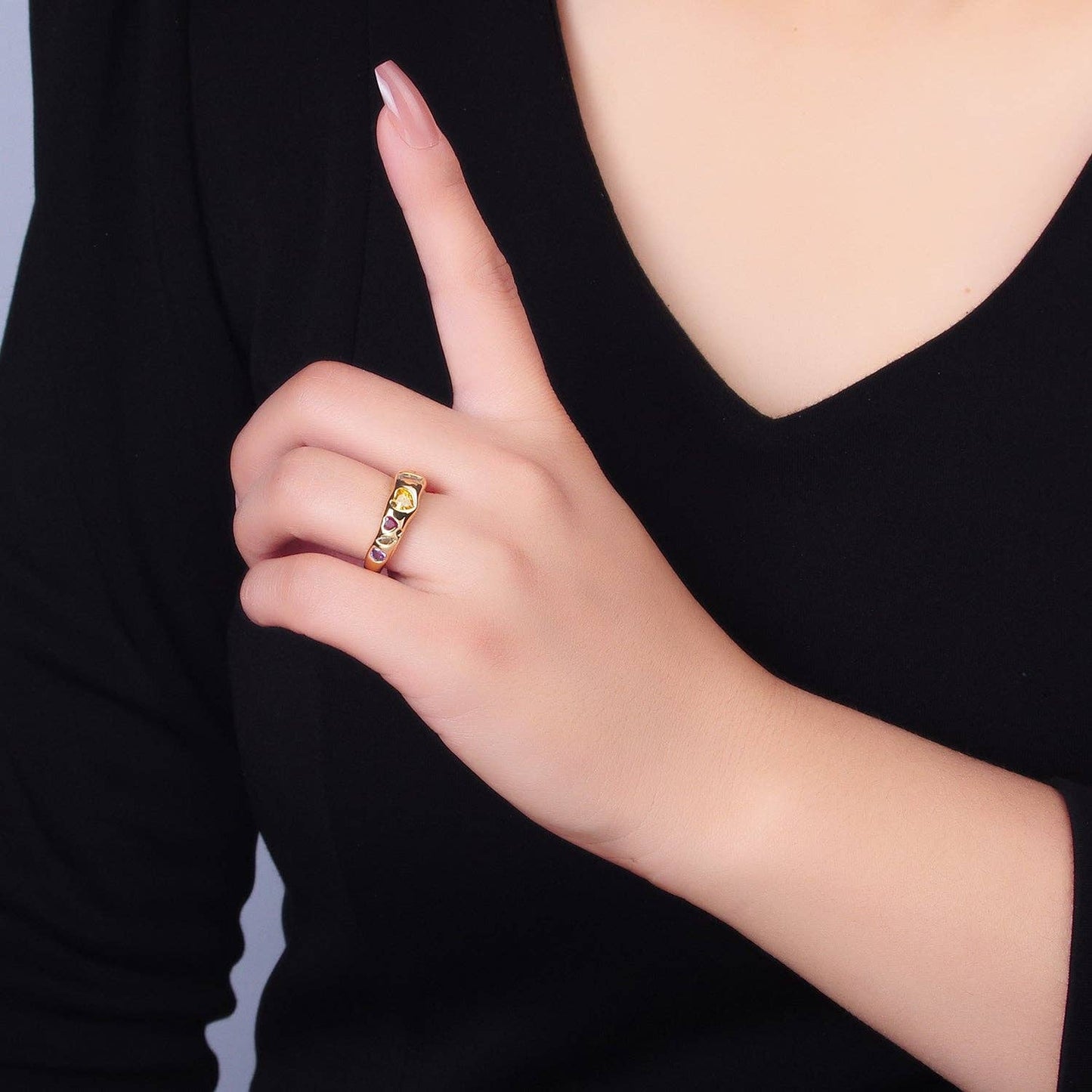 24K Gold Filled Multicolor Geometric CZ Ring in Gold & Silver | O740 O743: Yellow Gold