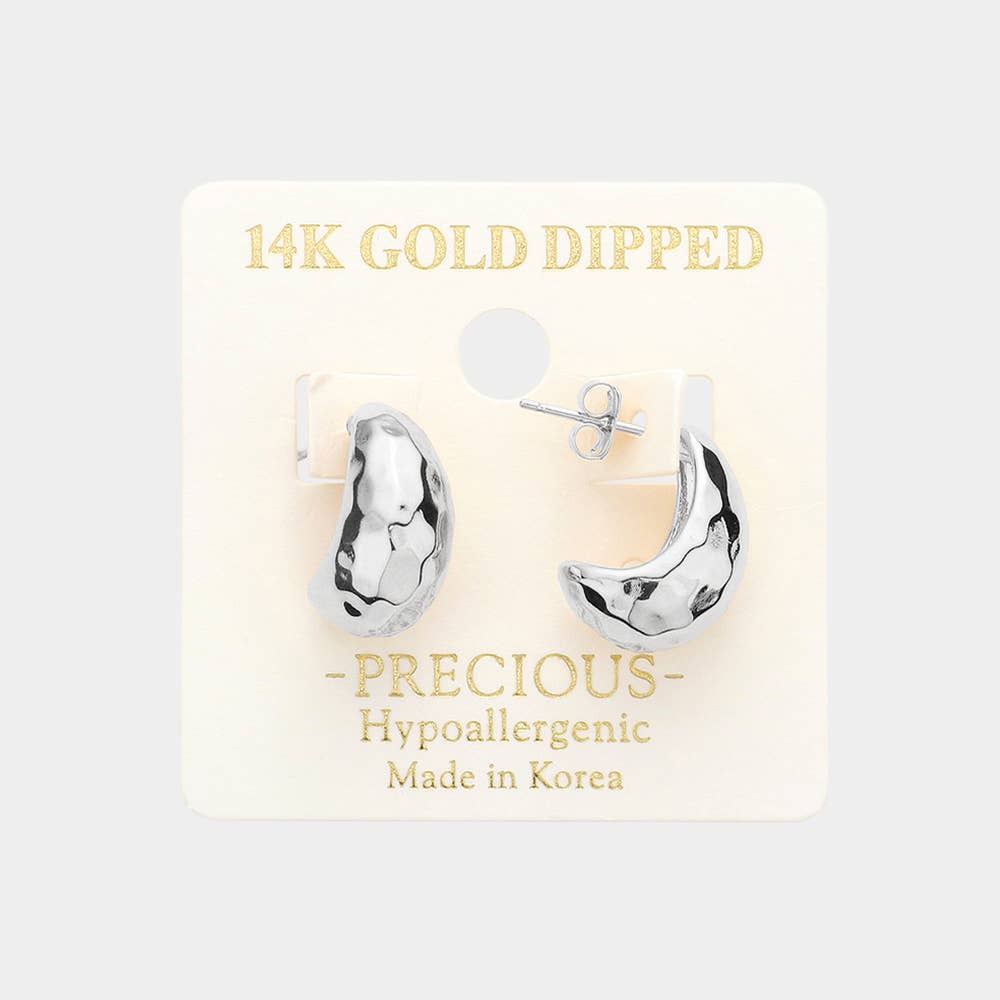 14K Gold Dipped 0.75 Inch Hammered Metal Hoop Earrings: Rhodium