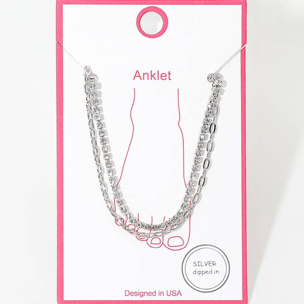 Gold Dipped Tennis Link Layered Chain Anklet: Rhodium