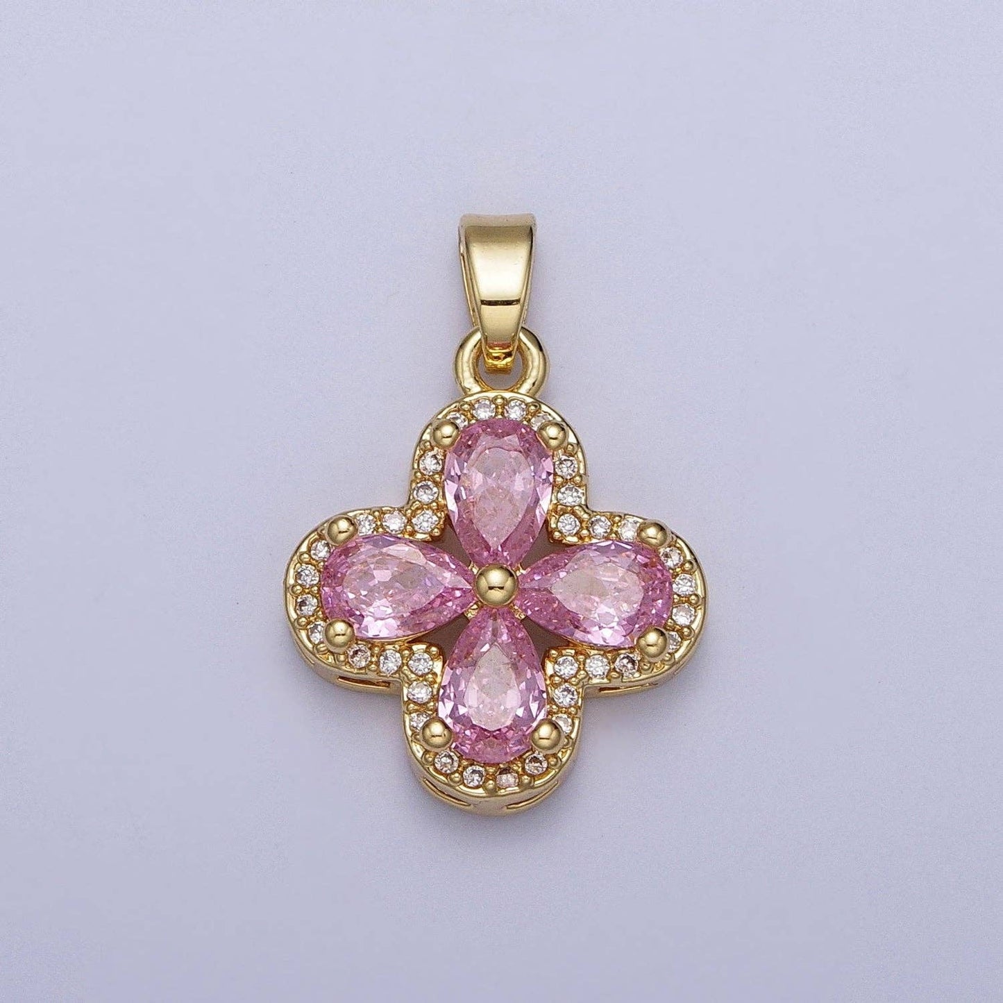 Micro Paved Quatrefoil Lucky Clover Pendant with Teardrop Cubic Zirconia Pendant For DIY Necklace Making | X-516-X-519: Clear