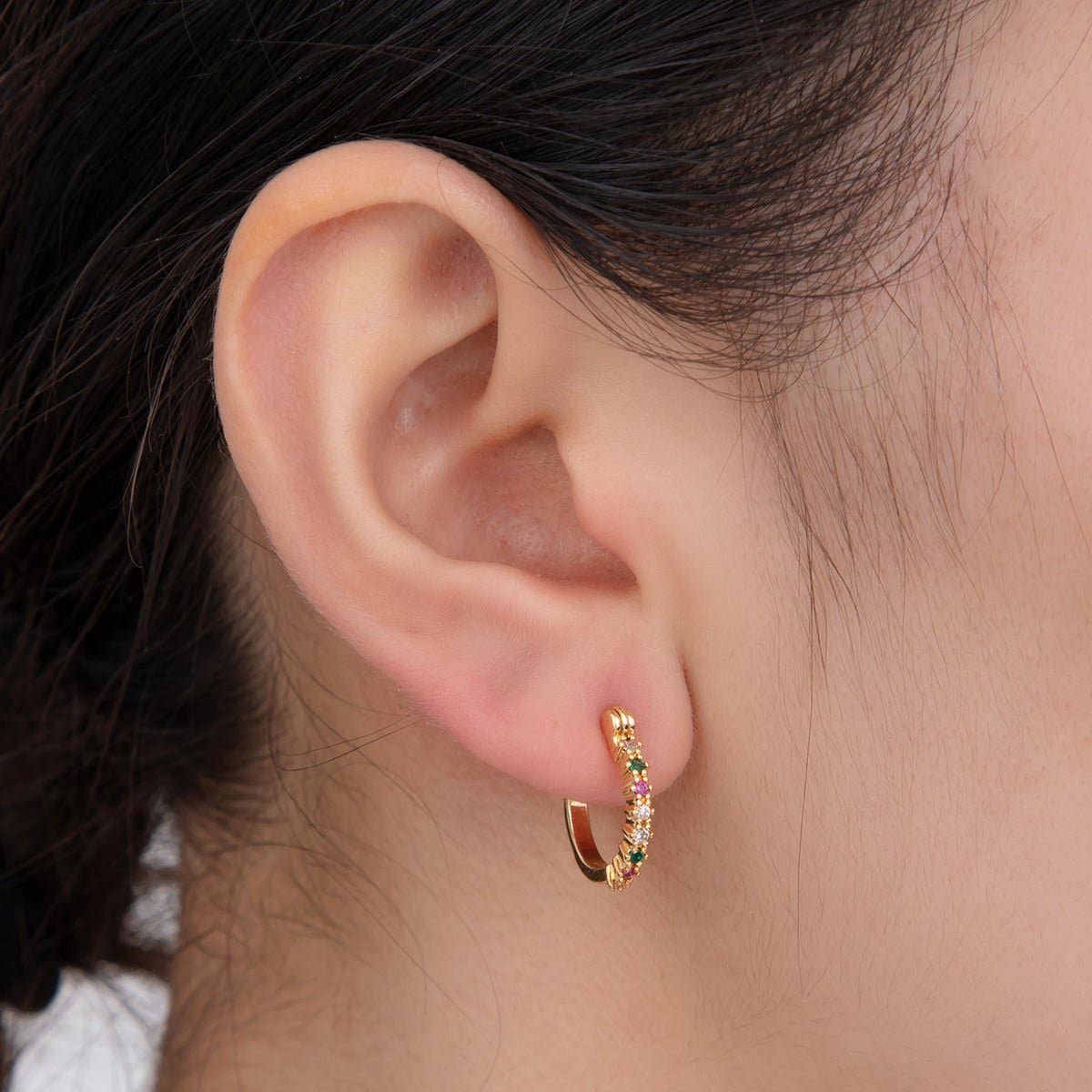 18K Gold Filled Multicolor CZ Micro Paved Latch Hoop Earrings | AI365