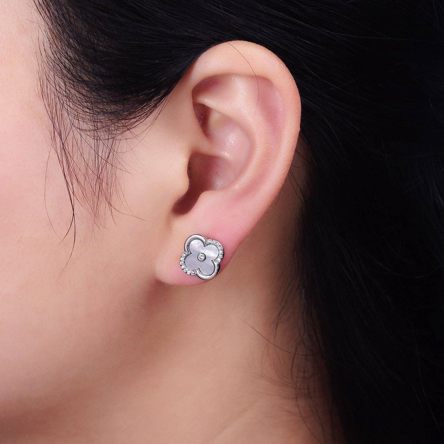 16K Gold Filled 12mm Shell Pearl Quatrefoil Clover Micro Paved CZ Stud Earrings in Gold & Silver | AB1535 AB1536: Gold