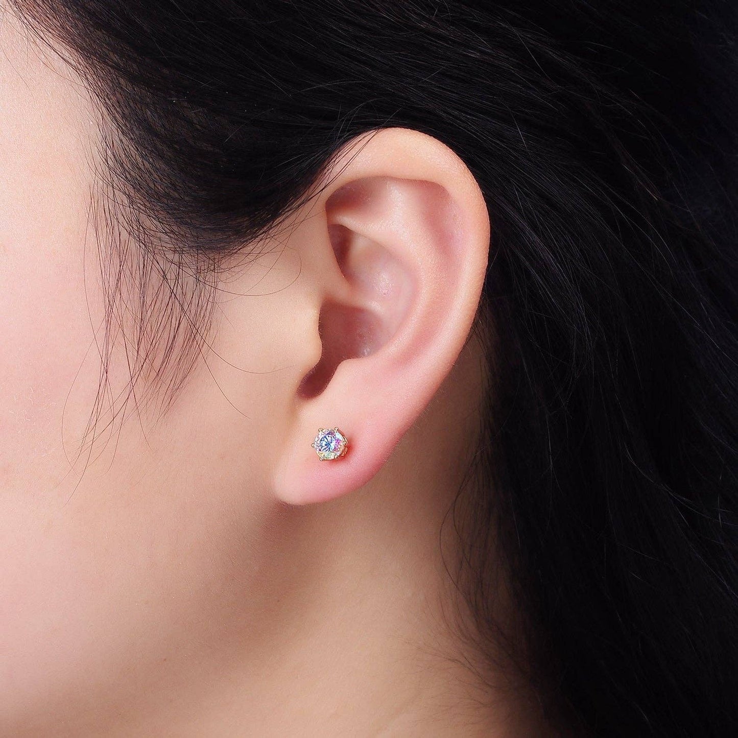 16K Gold Filled 6mm Round Iridescent AB CZ Stud Earrings