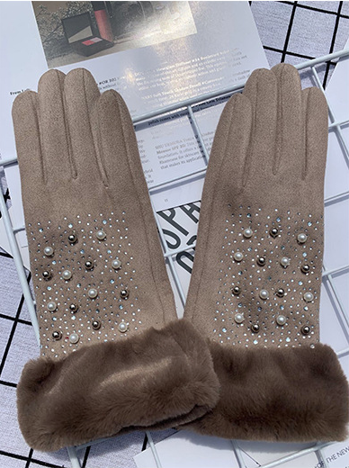 Pearl Rhinestone Suede Gloves GL0010: Red