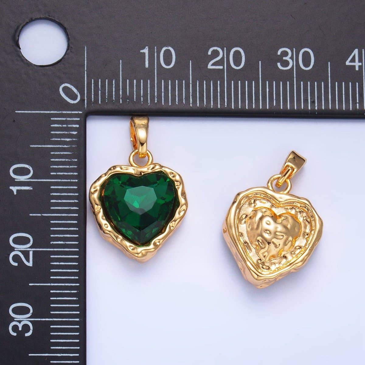 24K Gold Filled Heart Green CZ Molten Hammered Bezel Pendant | AA1194