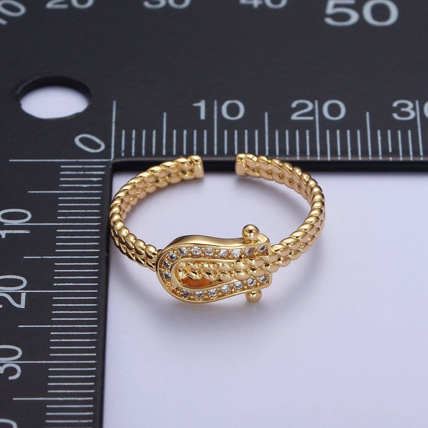 Gold Micro Paved Clear Cubic Zirconia Belt Buckle Twisted Braided Adjustable Ring | X585