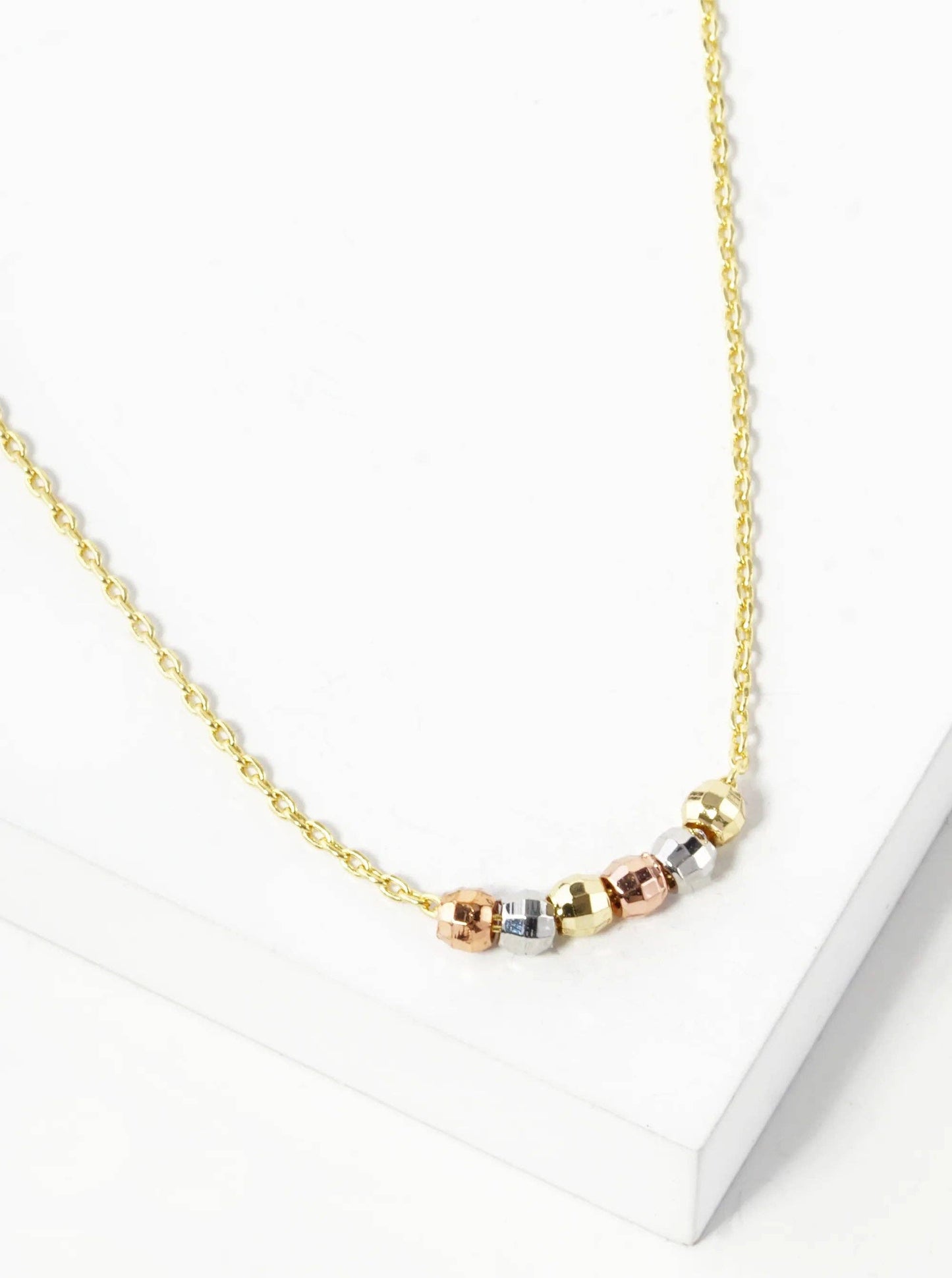White Gold Dipped Tri Color Textured Beads Pendant Delicate Necklace: Gold