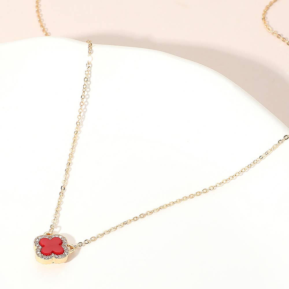 Gold Dipped Rhinestone Trim Quatrefoil Pendant Necklace: Rhodium,White