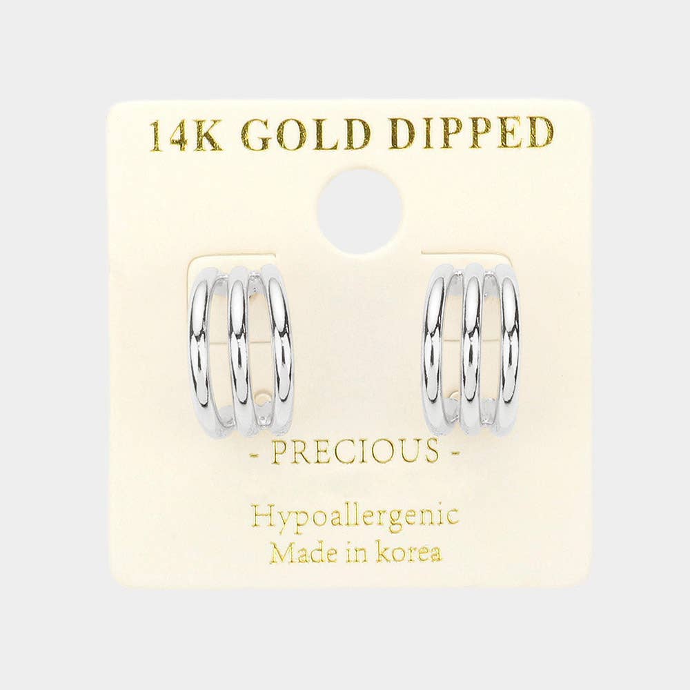14K Gold Dipped Split Metal Hoop Earrings: Rhodium