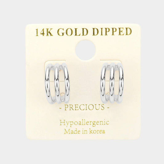14K Gold Dipped Split Metal Hoop Earrings: Rhodium
