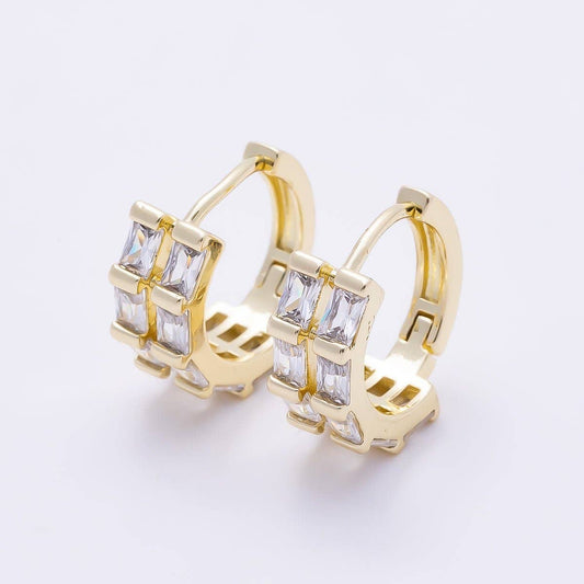 16K Gold Filled 13mm Clear CZ Double Baguette Huggie Hoop | Earrings-00683