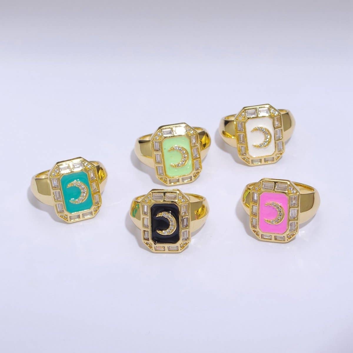 Crescent Moon Spinel Signet Ring Gold Chunky Ring Celestial Enamel Colorful Cz Jewelry U-001~U-005: White