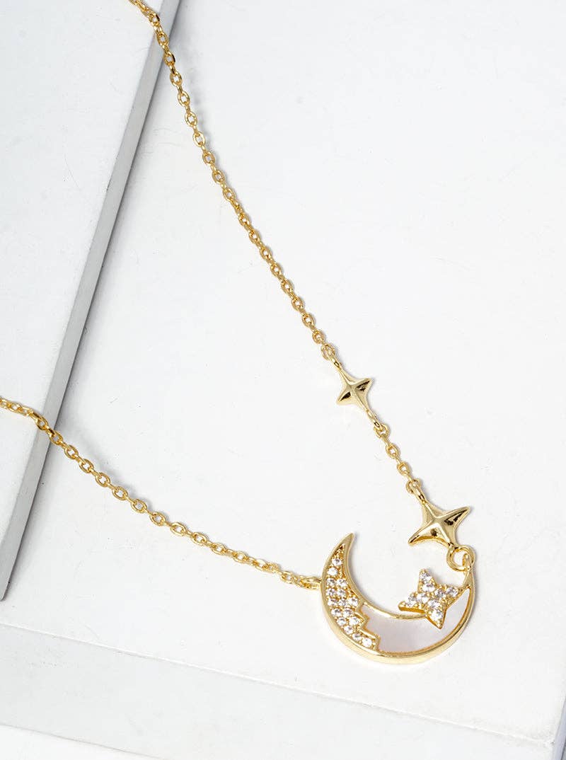 18K Gold Dipped Cz Pave Mop Crescent Moon Pendant Necklace: Rhodium