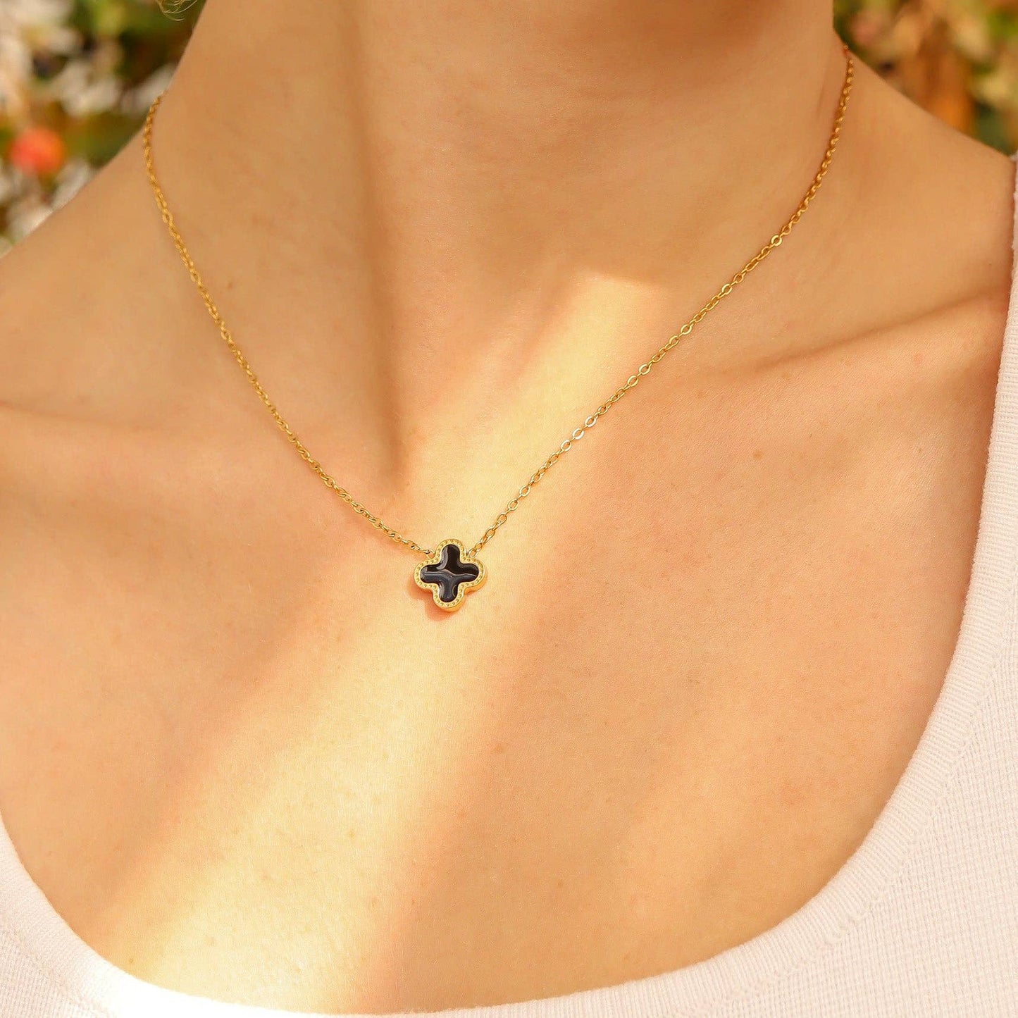 18K Gold PVD Stainless Steel Lucky Clover Charm Necklace: Black / Gold