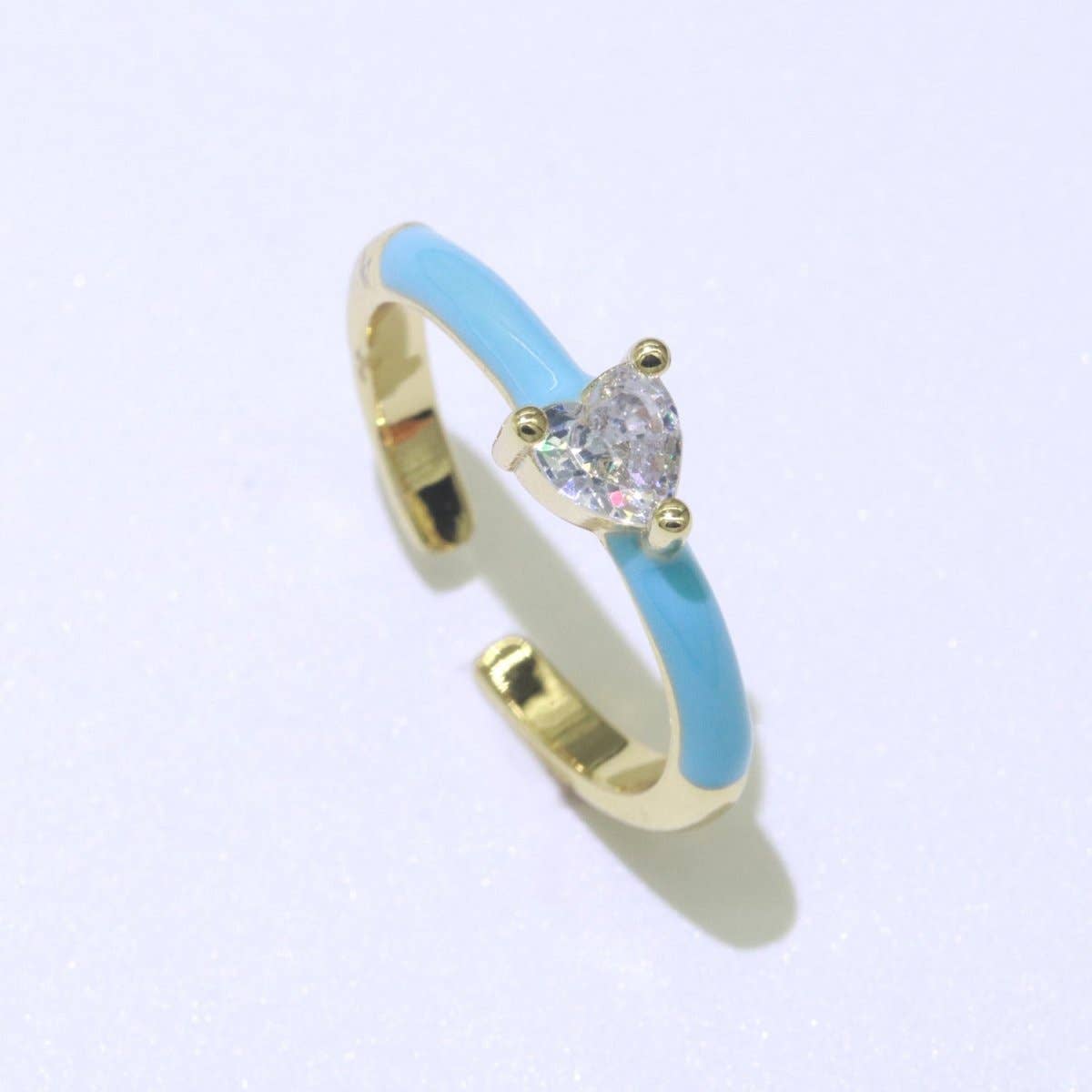 Heart Cz Ring Adjustable Gold Ring, Colorful Pastel Enamel Ring, Stackable Ring Black White Pink blue Green Ring for Women O-910~O-919: White