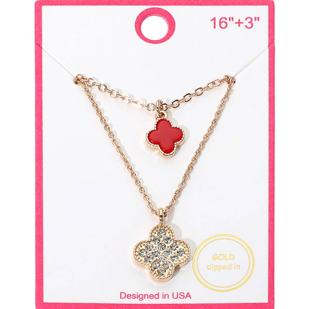 Gold Dipped Double Quatrefoil Pendant Layered Necklace: Gold,Red