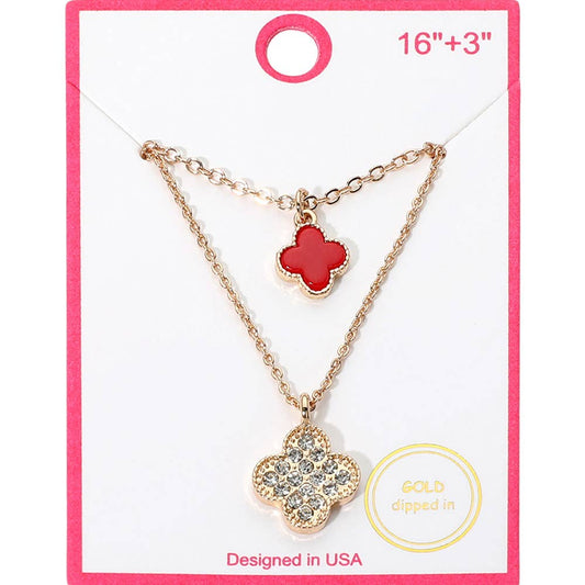 Gold Dipped Double Quatrefoil Pendant Layered Necklace: Gold,Red