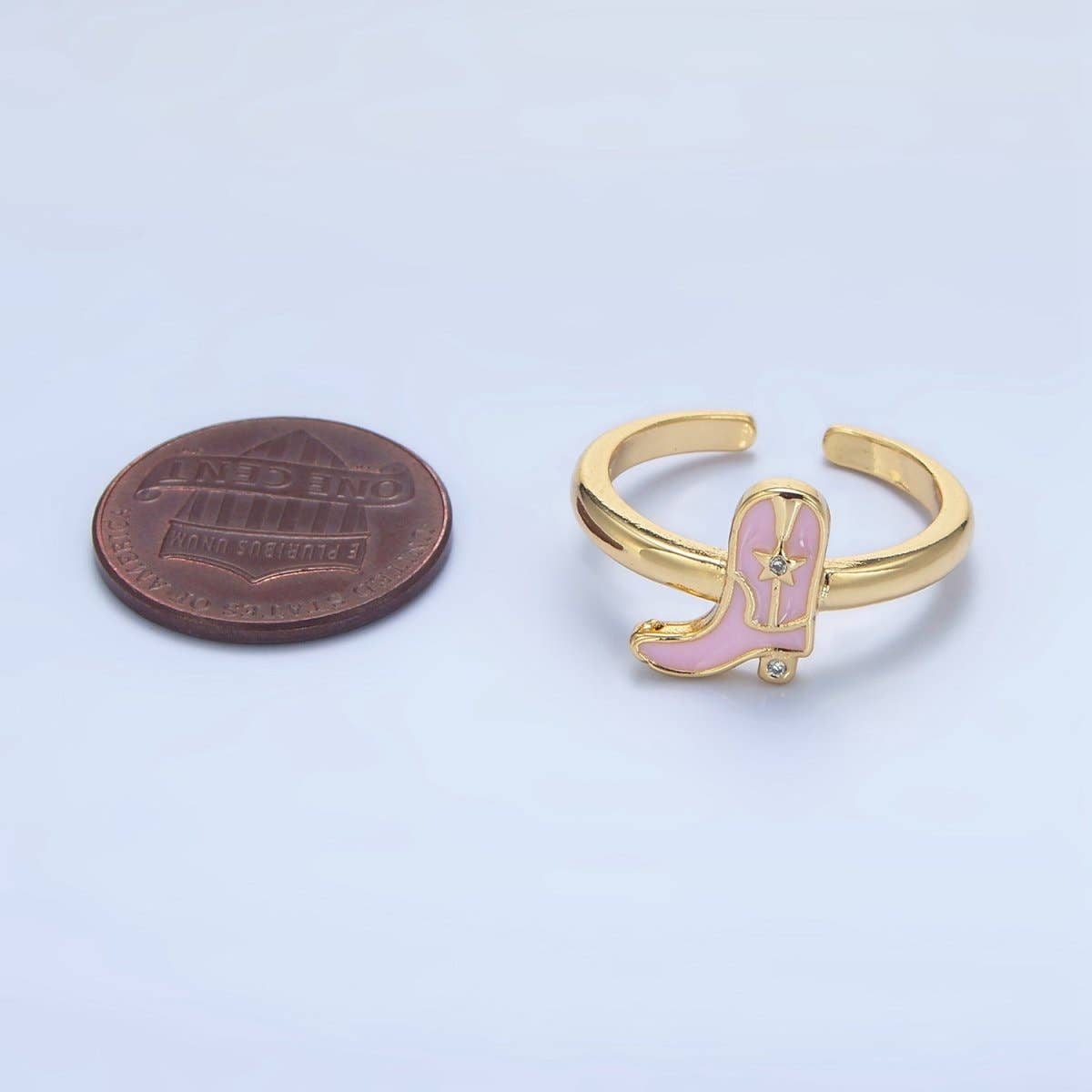 24K Gold Filled CZ Pink Enamel Cowboy Boots Ring | O979