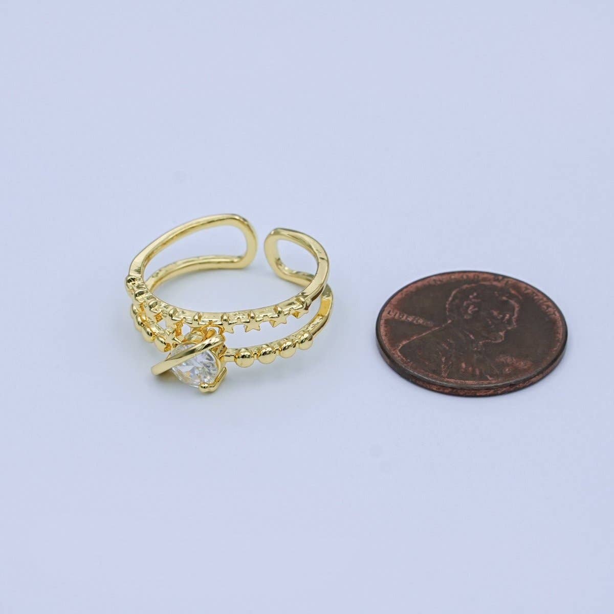 24K Gold Filled Clear CZ Molten Star Dotted Double Band Ring | O1054