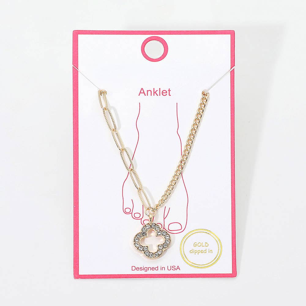 Gold Dipped Rhinestone Pave Open Quatrefoil Charm Accent Anklet: Gold