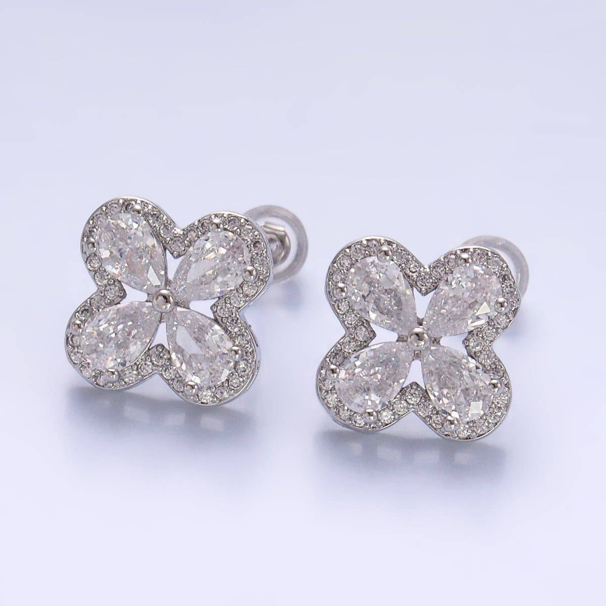 24K Gold Filled Clear CZ Micro Paved CZ Quatrefoil Stud Earrings in Gold & Silver | AB688 AB689: Gold