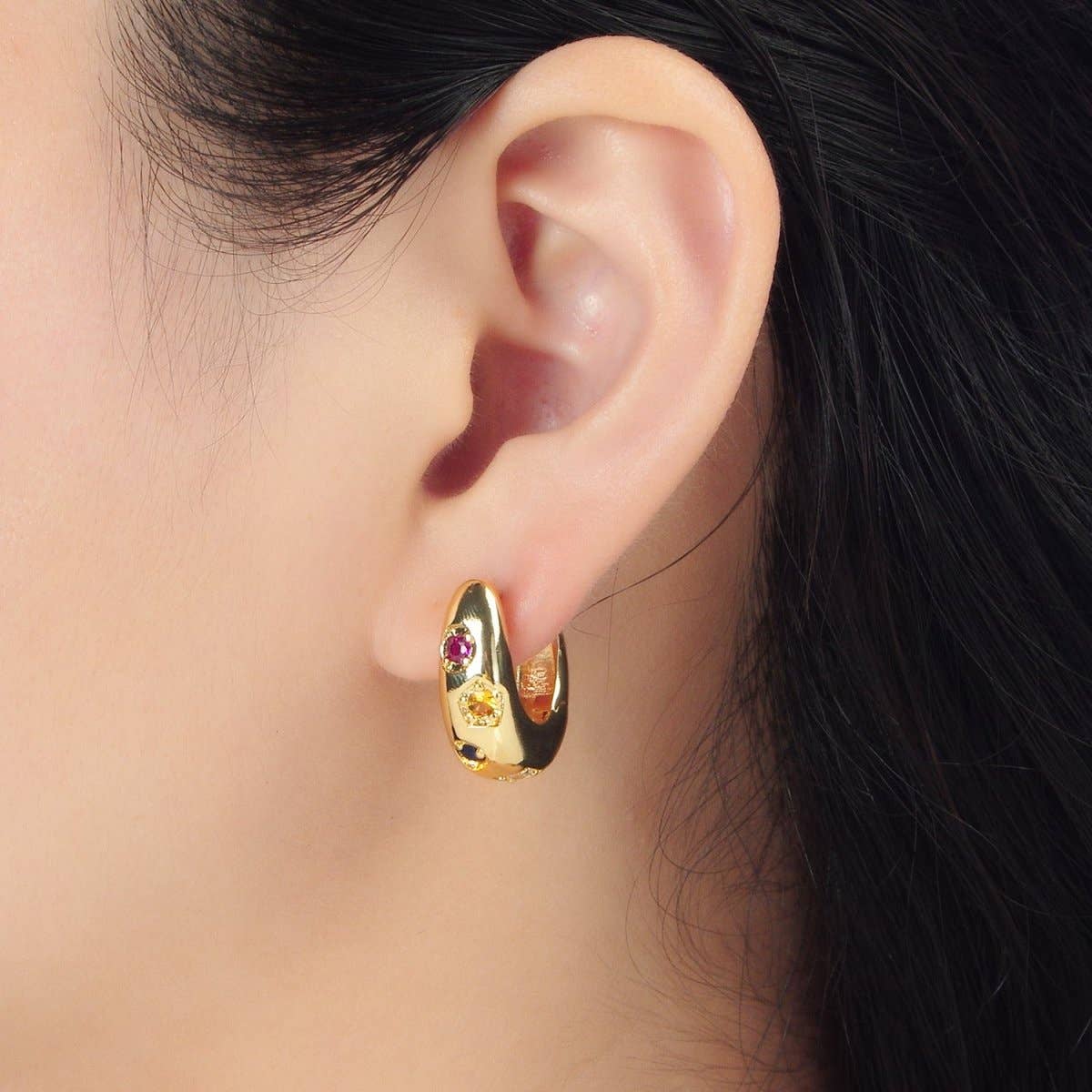 24K Gold Filled 20mm Multicolor Geometric CZ Huggie Earrings | AD757