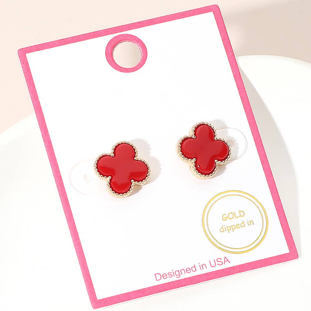 Gold Dipped Quatrefoil Stud Earrings: Rhodium,White