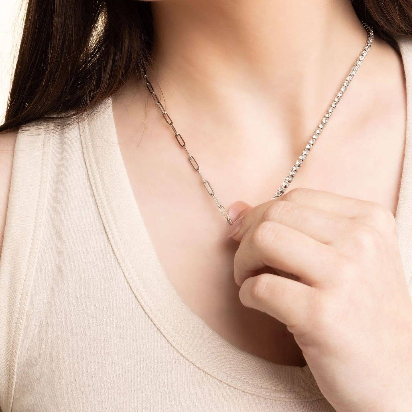 Paperclip Tennis Chain Split Necklace: Gold