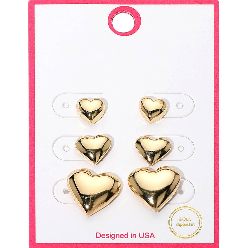 3Pairs - Gold Dipped Graduated Size Metal Puffy Heart Stud Earrings: Gold