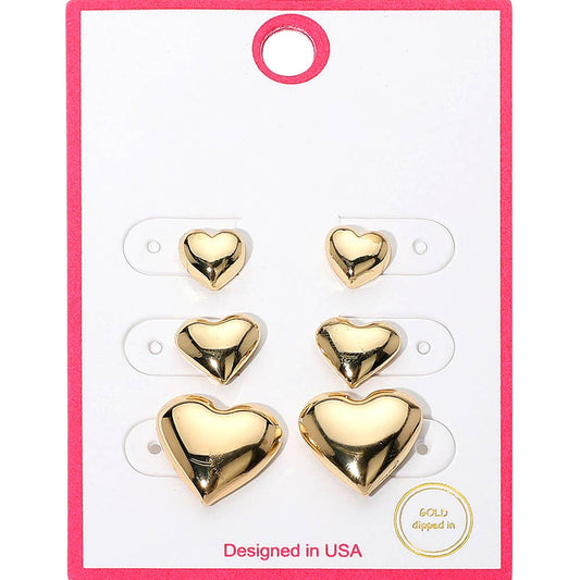 3Pairs - Gold Dipped Graduated Size Metal Puffy Heart Stud Earrings: Gold