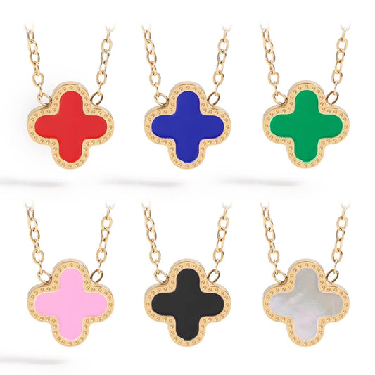 18K Gold PVD Stainless Steel Lucky Clover Charm Necklace: Black / Gold
