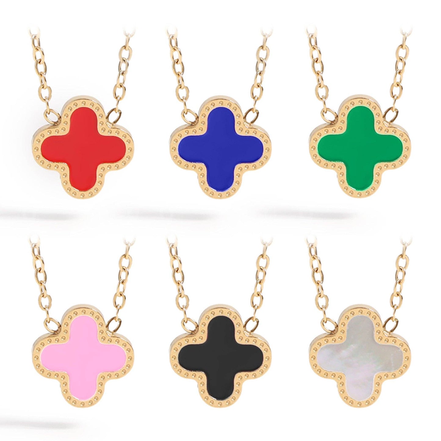 18K Gold PVD Stainless Steel Lucky Clover Charm Necklace: Pink / Gold