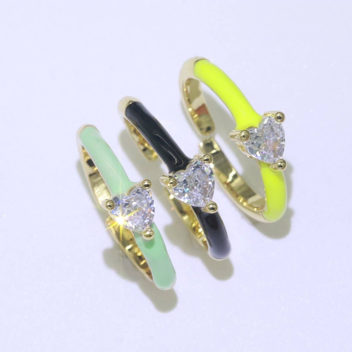 Heart Cz Ring Adjustable Gold Ring, Colorful Pastel Enamel Ring, Stackable Ring Black White Pink blue Green Ring for Women O-910~O-919: Blue
