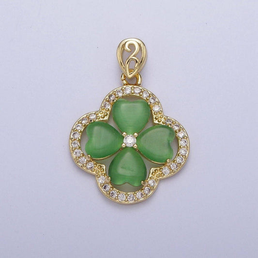 Gold Green Quatrefoil Lucky Clover Micro Paved CZ Pendant For St. Patrick's Day Jewelry Making | X-541