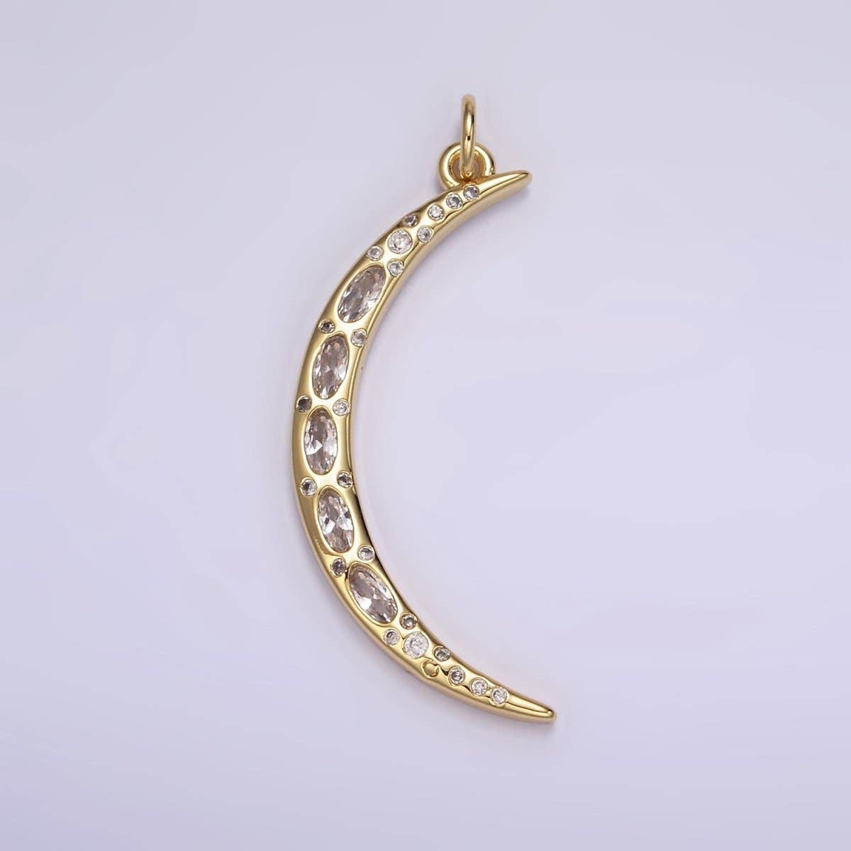 24K Gold Filled Clear, Blue CZ Dotted Crescent Moon Charm | M107: Blue