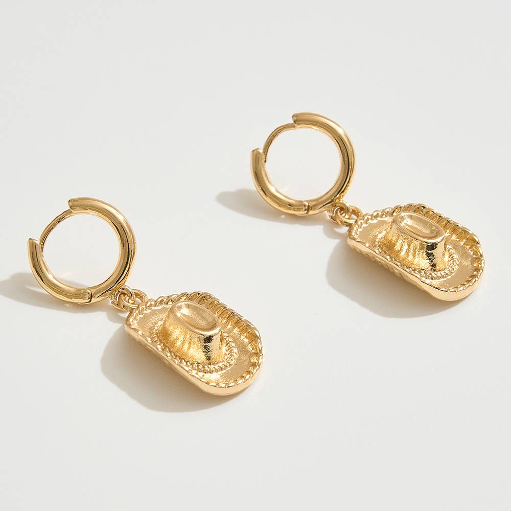 14K Gold Dipped Western Cowboy Hat Dangle Huggie Hoop Earrings: Gold