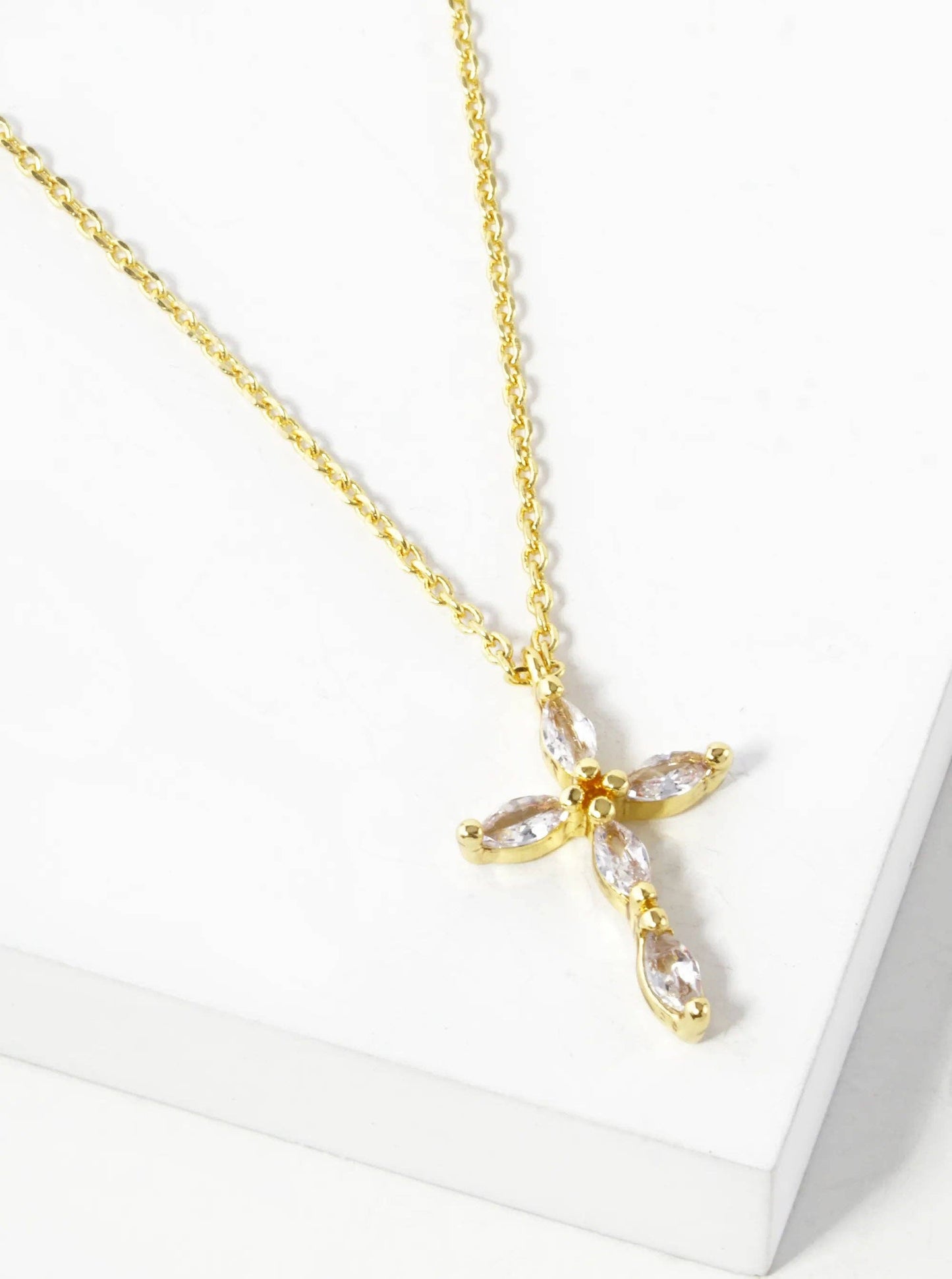 White Gold Dipped 16mm Marquise Shaped Cubic Zirconia Stone Cross Pendant Necklace: Gold