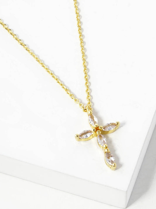 White Gold Dipped 16mm Marquise Shaped Cubic Zirconia Stone Cross Pendant Necklace: Gold