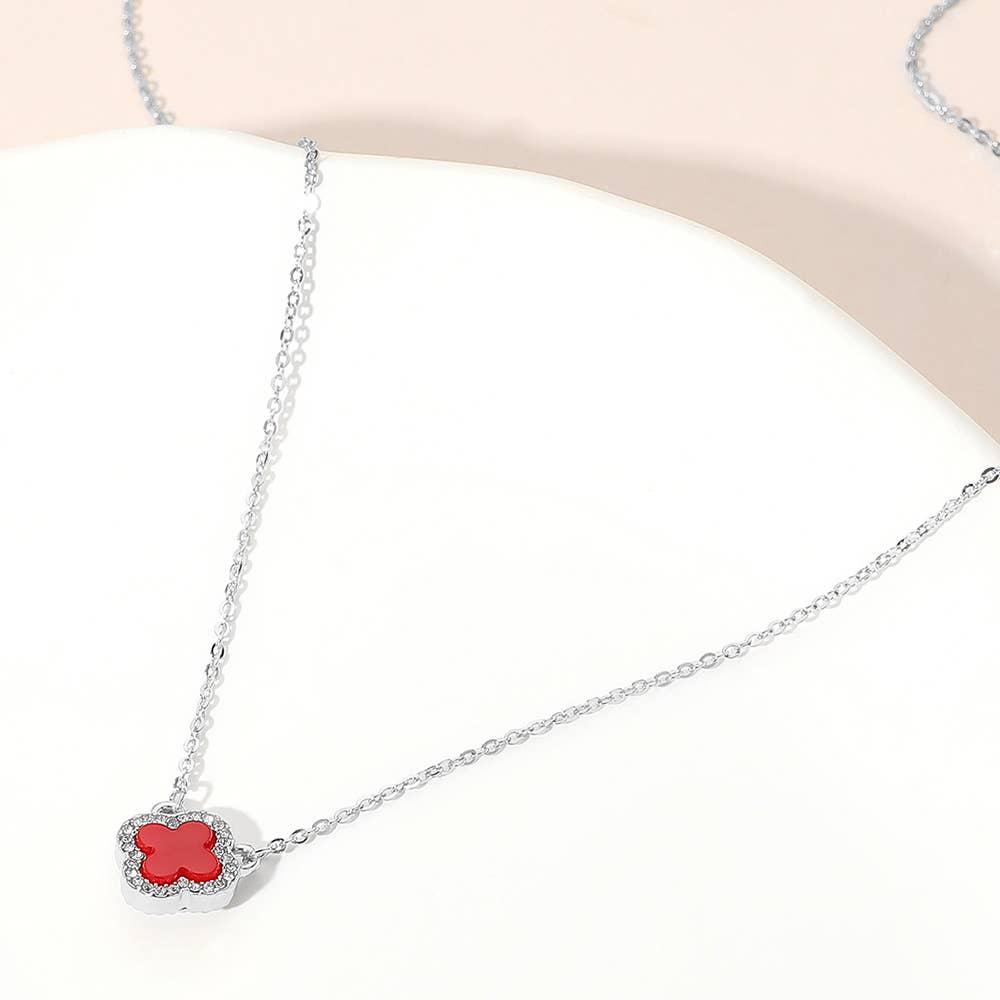 Gold Dipped Rhinestone Trim Quatrefoil Pendant Necklace: Rhodium,White