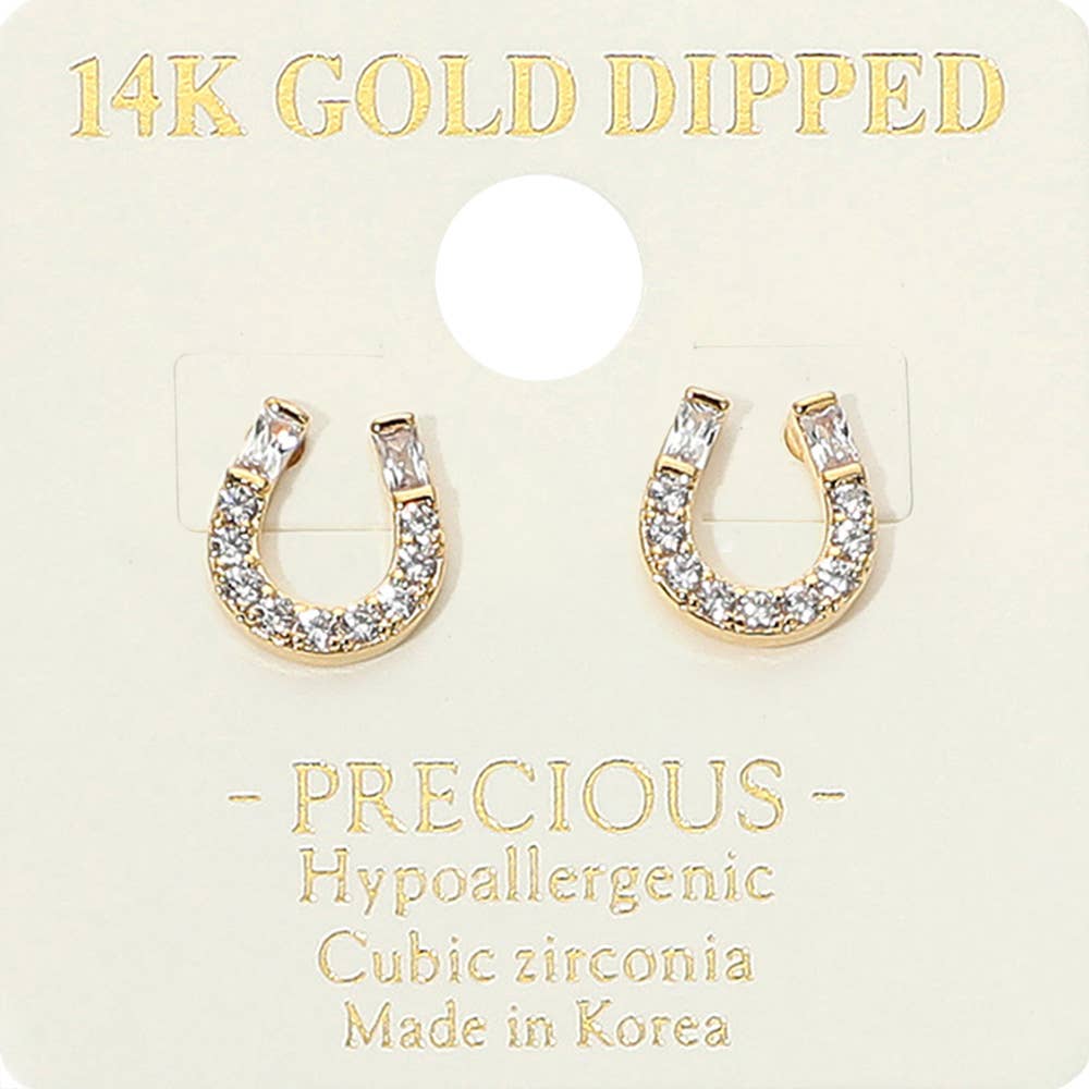 14K Gold Dipped Hypoallergenic CZ Stone Paved Horseshoe Stud Earrings: Gold
