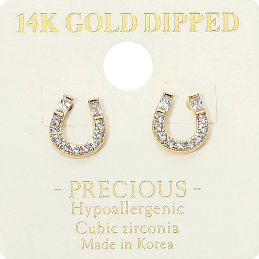 14K Gold Dipped Hypoallergenic CZ Stone Paved Horseshoe Stud Earrings: Gold