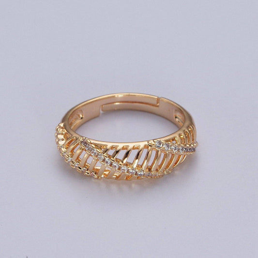 Gold Micro Pave Cubic Zirconia Open Bar Adjustable Ring R-533