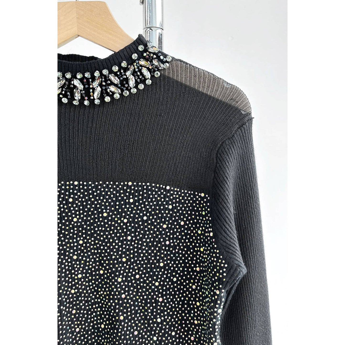 Contrast Fabric Jeweled Blouse: WHITE / ONE SIZE